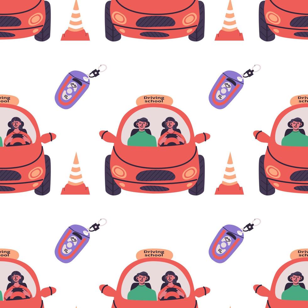 Driving school seamless pattern. Young woman drive little red car with instructor. vector