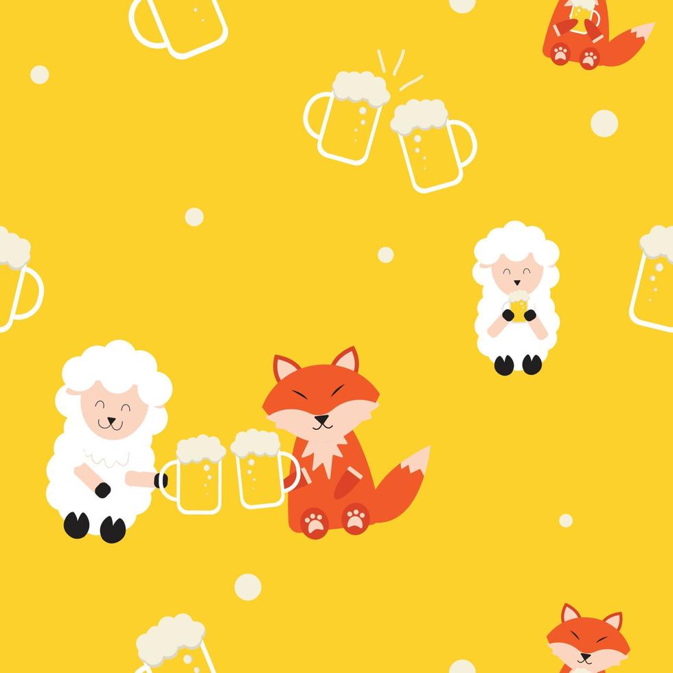 cute sheep and fox drinking beer seamless pattern for print or fabric vector