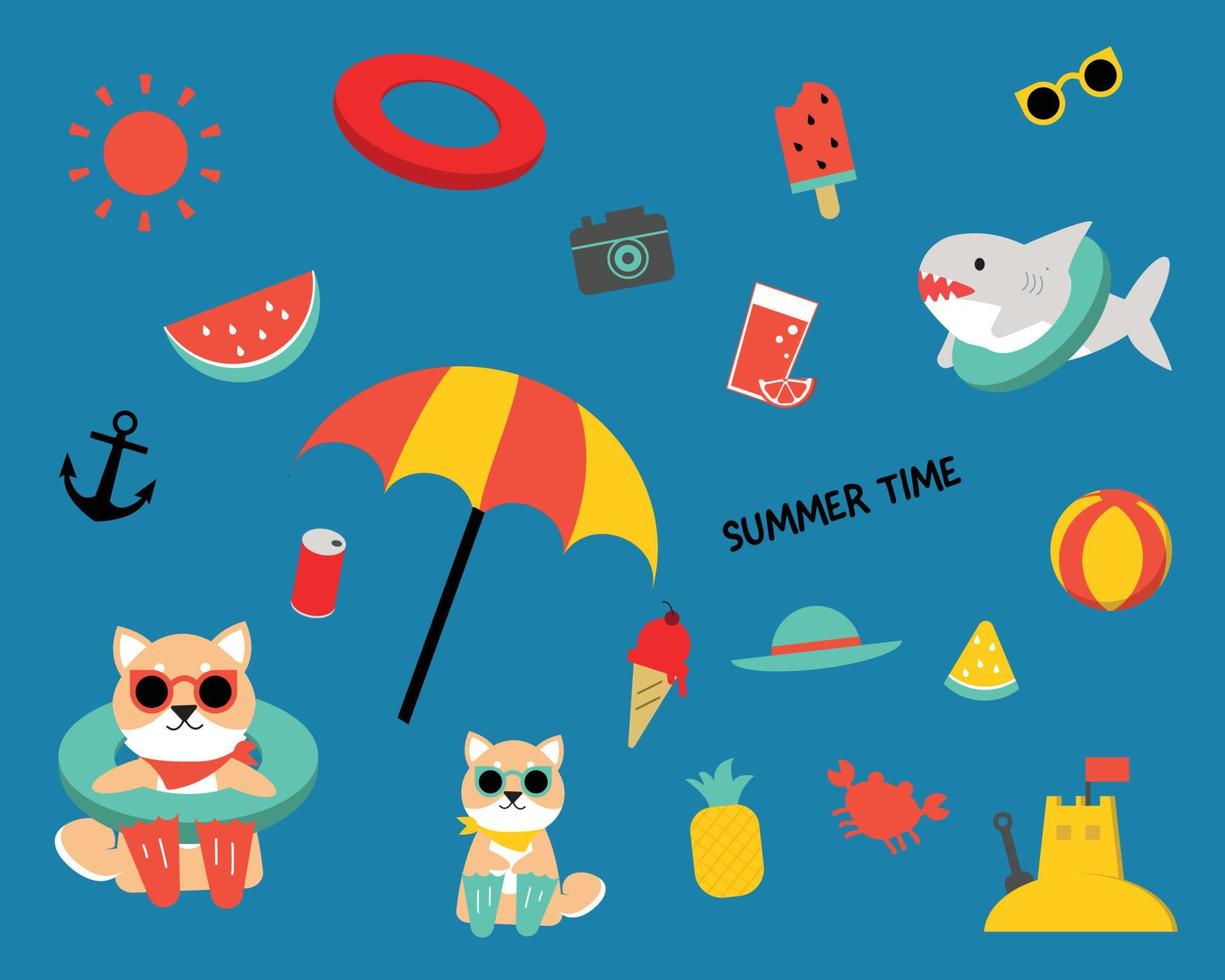 cute Chiba Inu dog with summer set icon for decoration vector