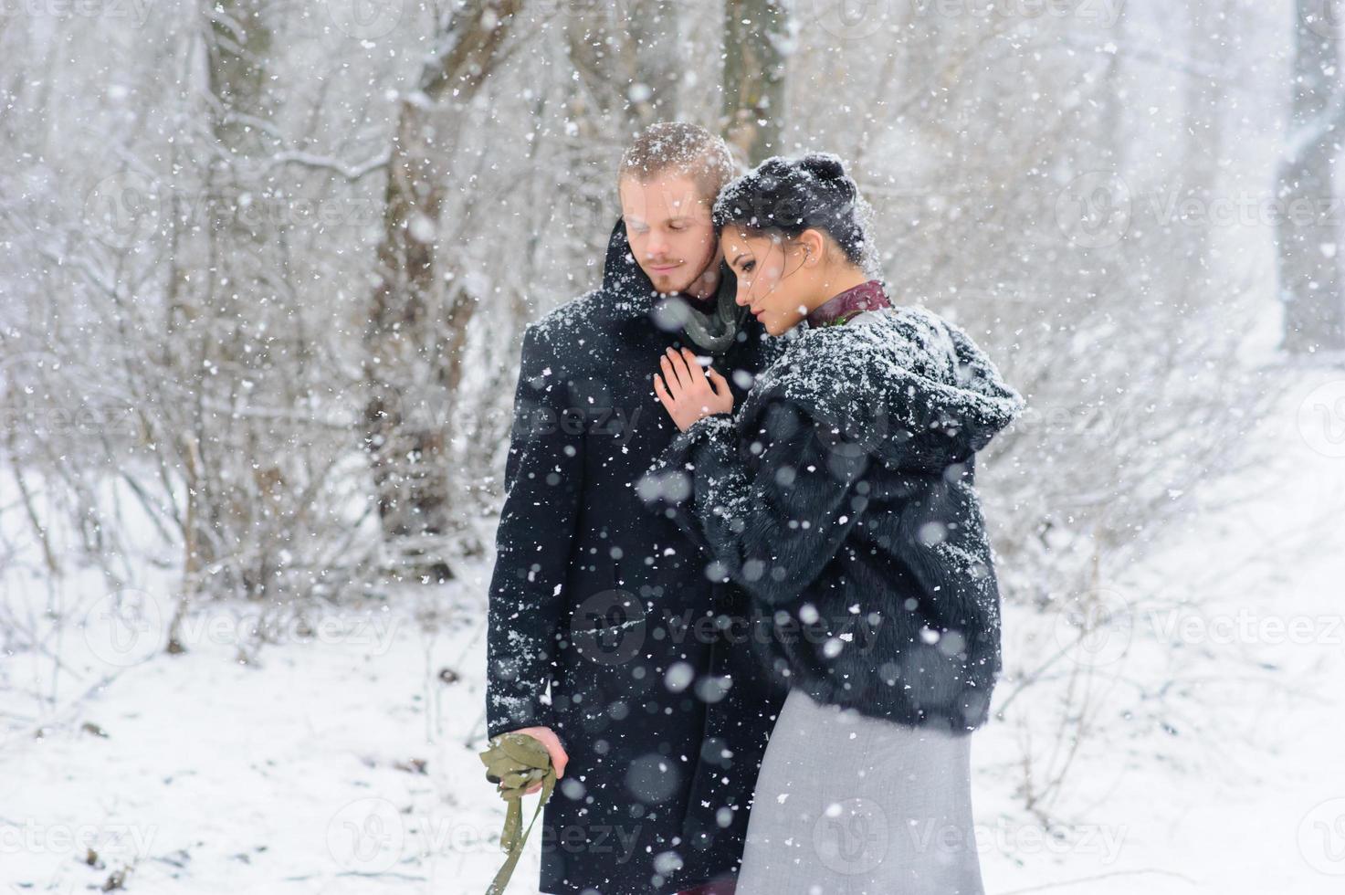 Winter walk in a snowstorm with a dog photo