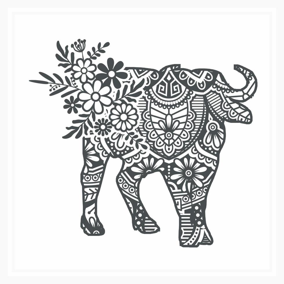 Buffalo Mandala with Flower, vector illustration.