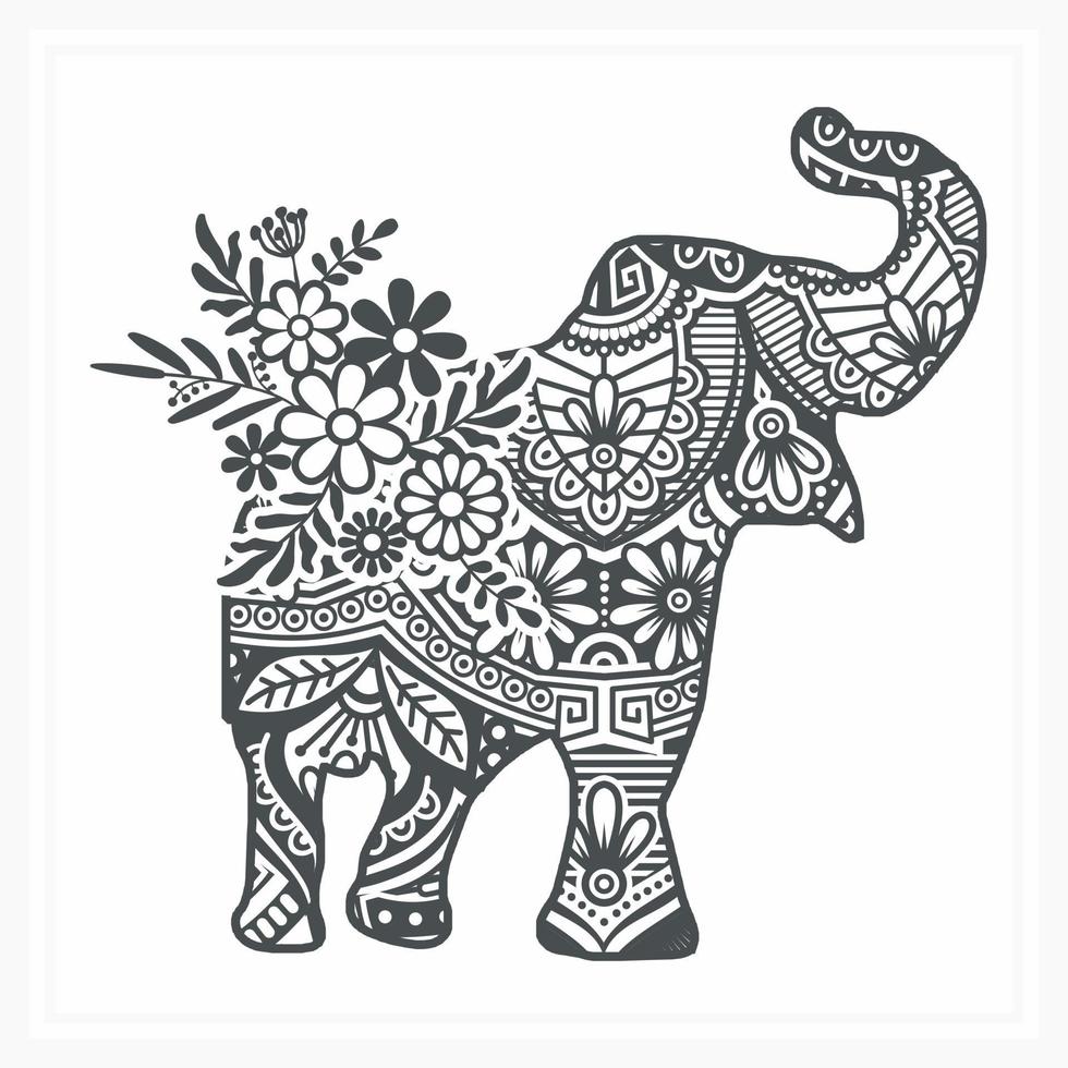 Elephant Mandala with Flower, vector illustration.