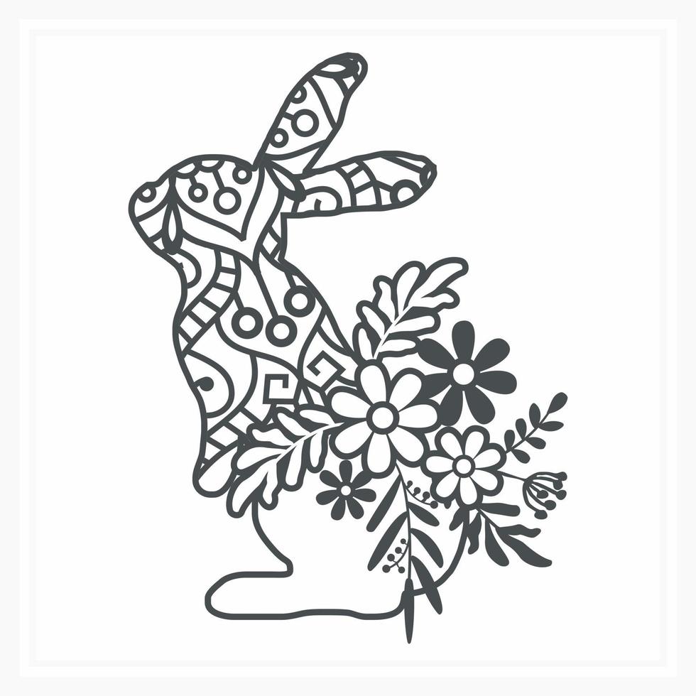 Bunny Mandala with Flower. Vector, Line Art vector