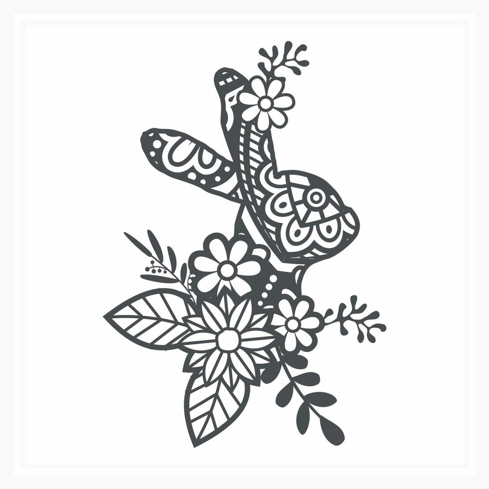 Bunny Mandala with Flower. Vector, Line Art vector