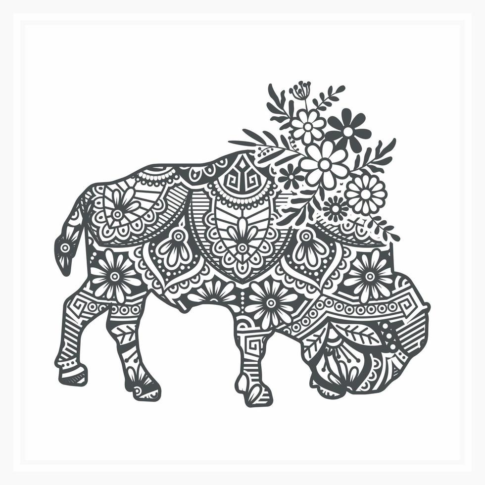 Buffalo Mandala with Flower, vector illustration.