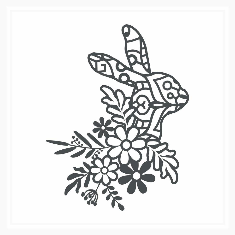 Bunny Mandala with Flower. Vector, Line Art vector