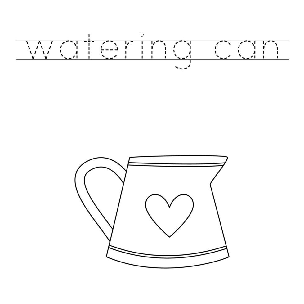 Trace the letters and color watering can. Handwriting practice for kids. vector