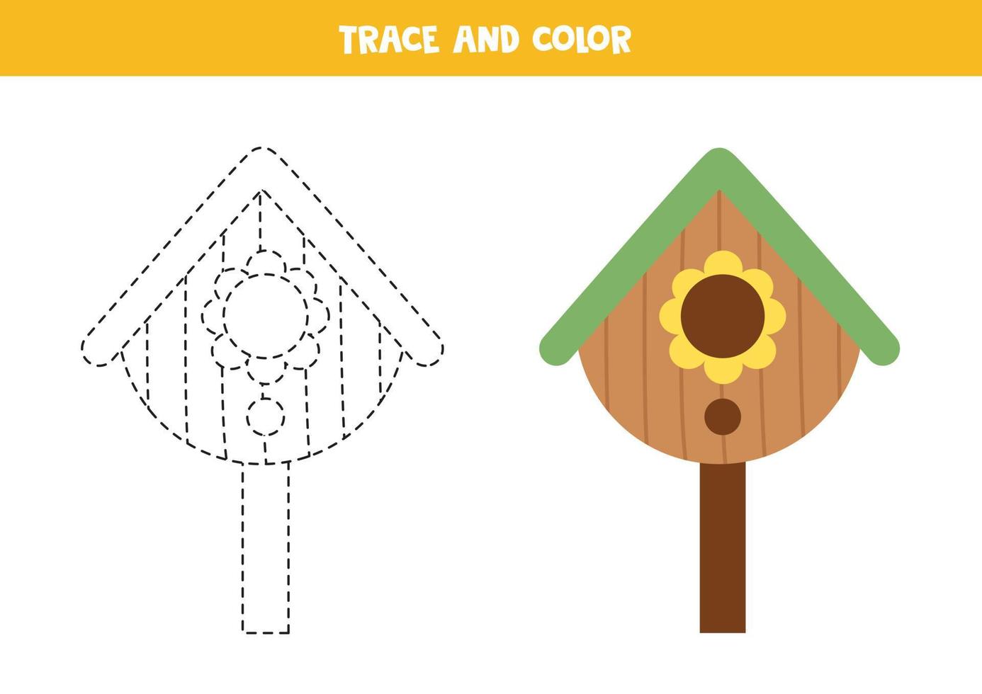 Trace and color cartoon birdhouse. Worksheet for kids. vector