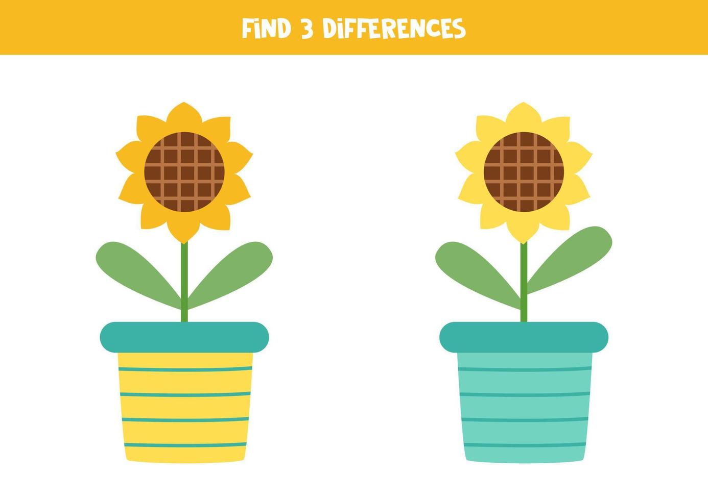 Find three differences between two sunflowers in pot. vector