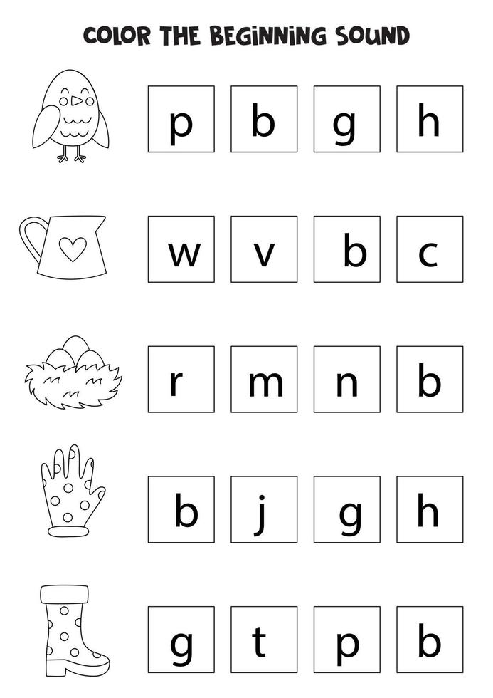 Learning English language for children. Color the beginning sound. vector