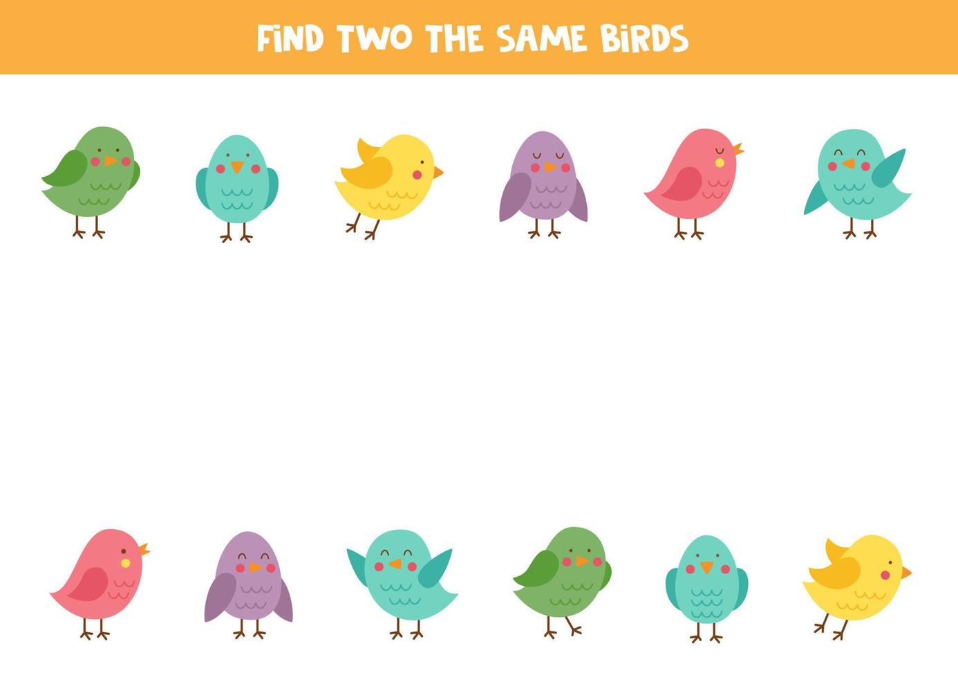 Find two cute identical birds. Educational game for preschool children. vector
