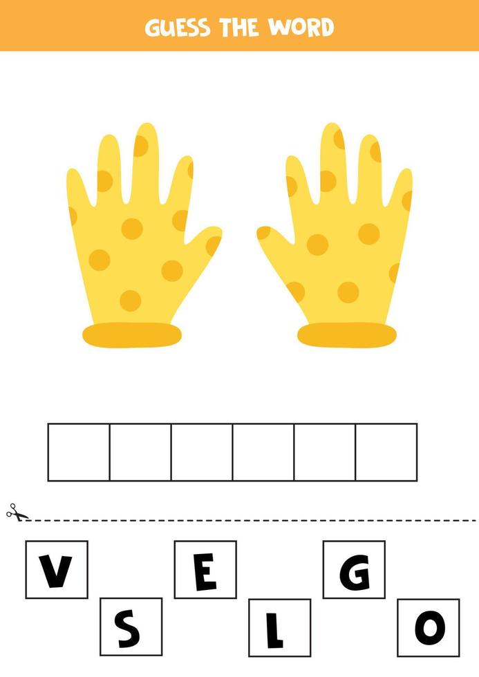 juego de ortografía para niños. lindos guantes de dibujos animados. vector