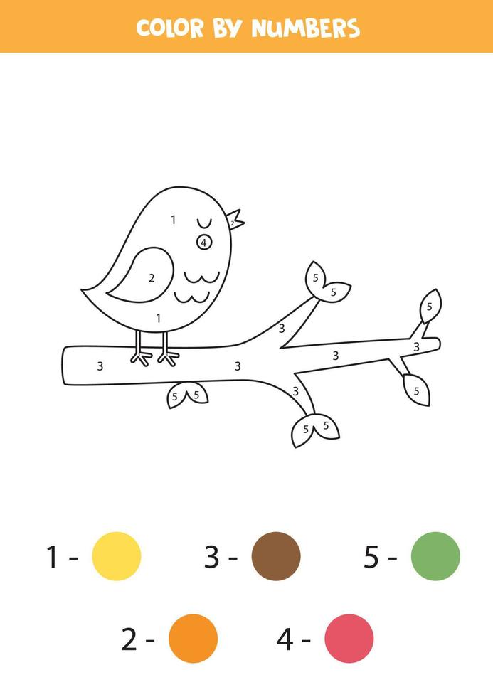 Color cute bird on branch by numbers. Worksheet for kids. vector