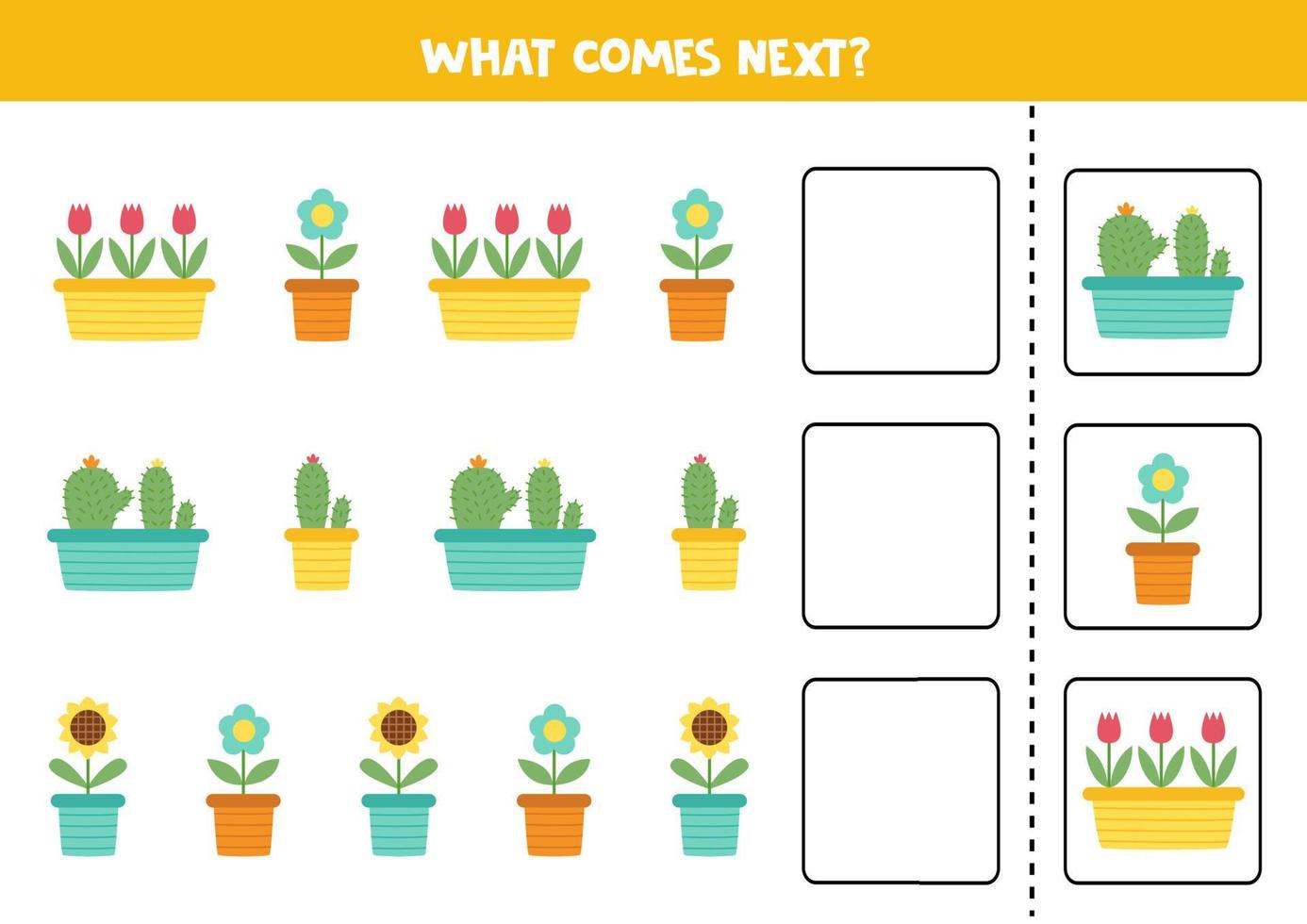 What comes next game with cartoon houseplants. vector