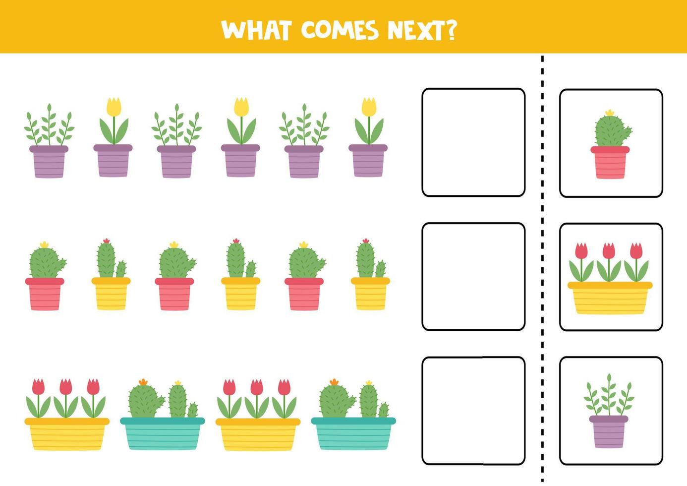 What comes next game with cartoon houseplants. vector