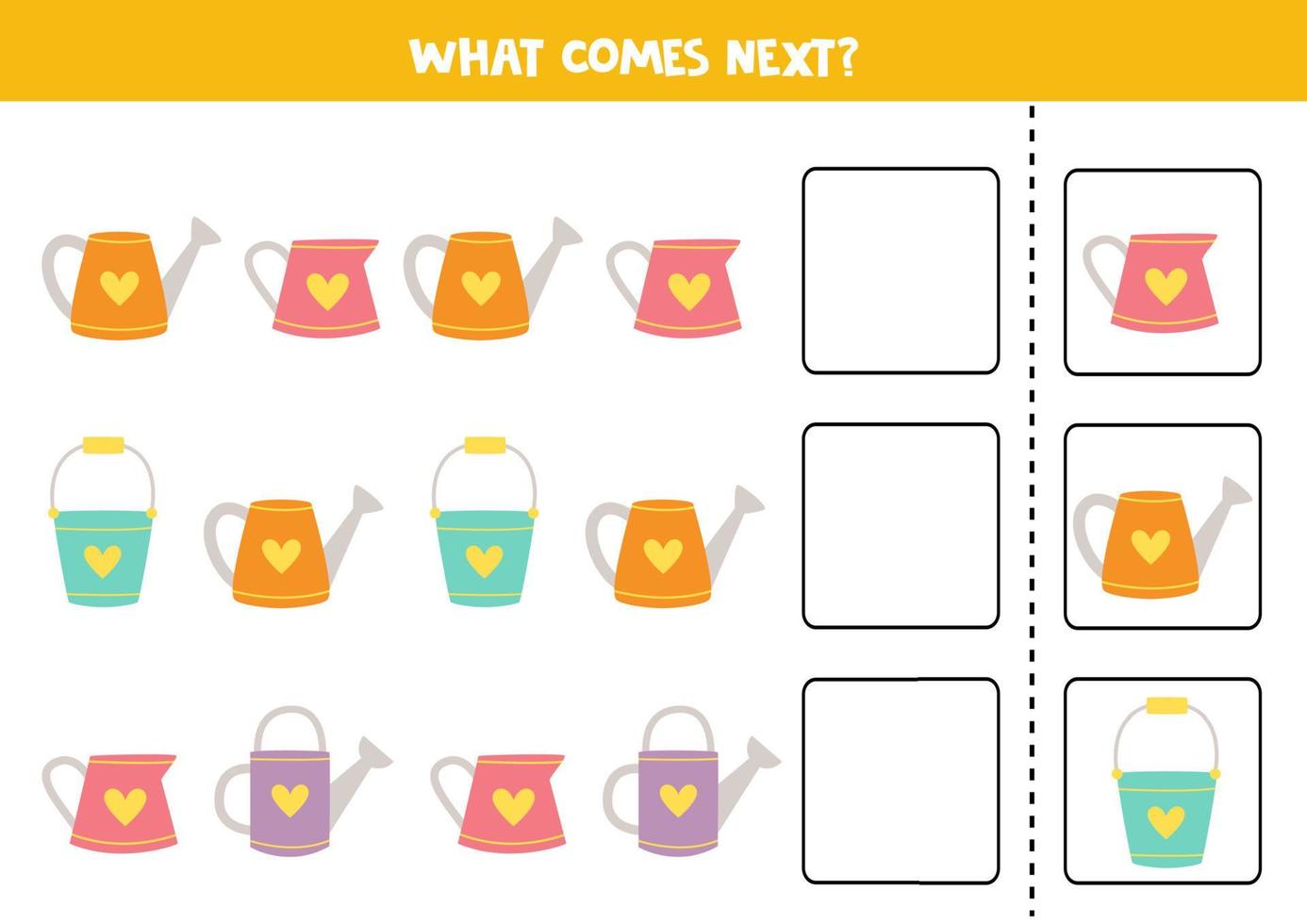 What comes next game with cartoon watering cans. vector