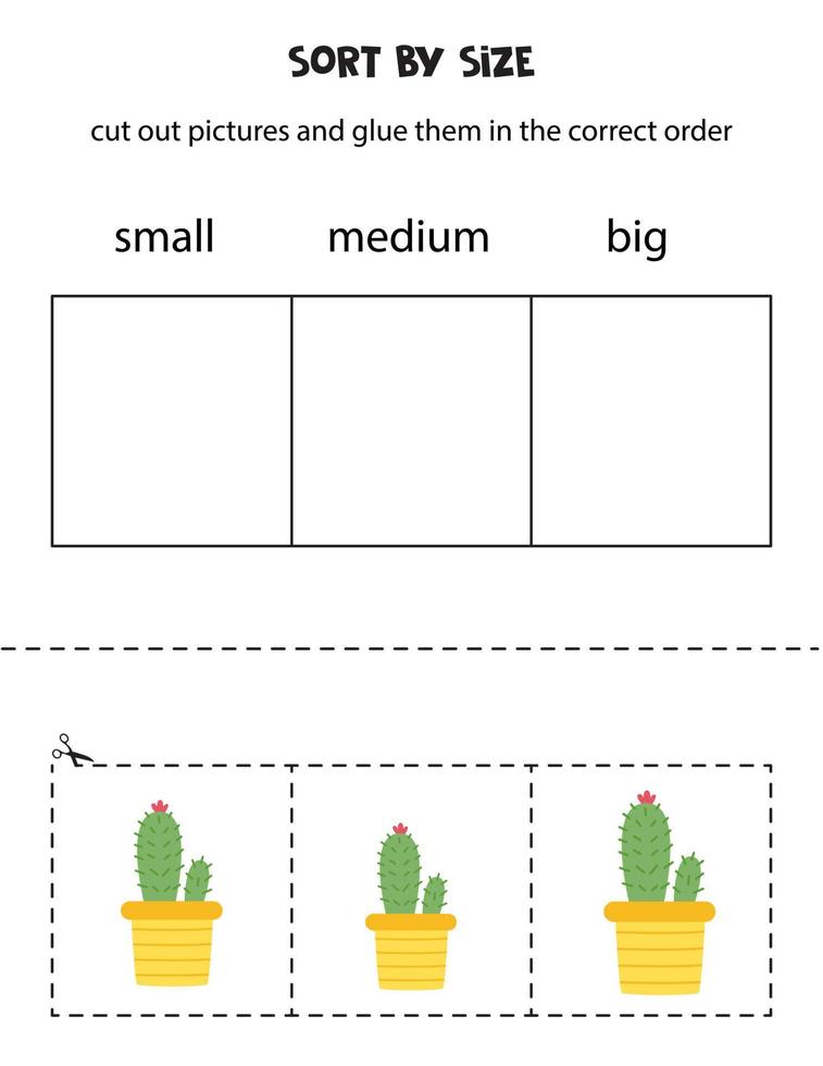 Sort pictures by size. Educational worksheet for kids. vector