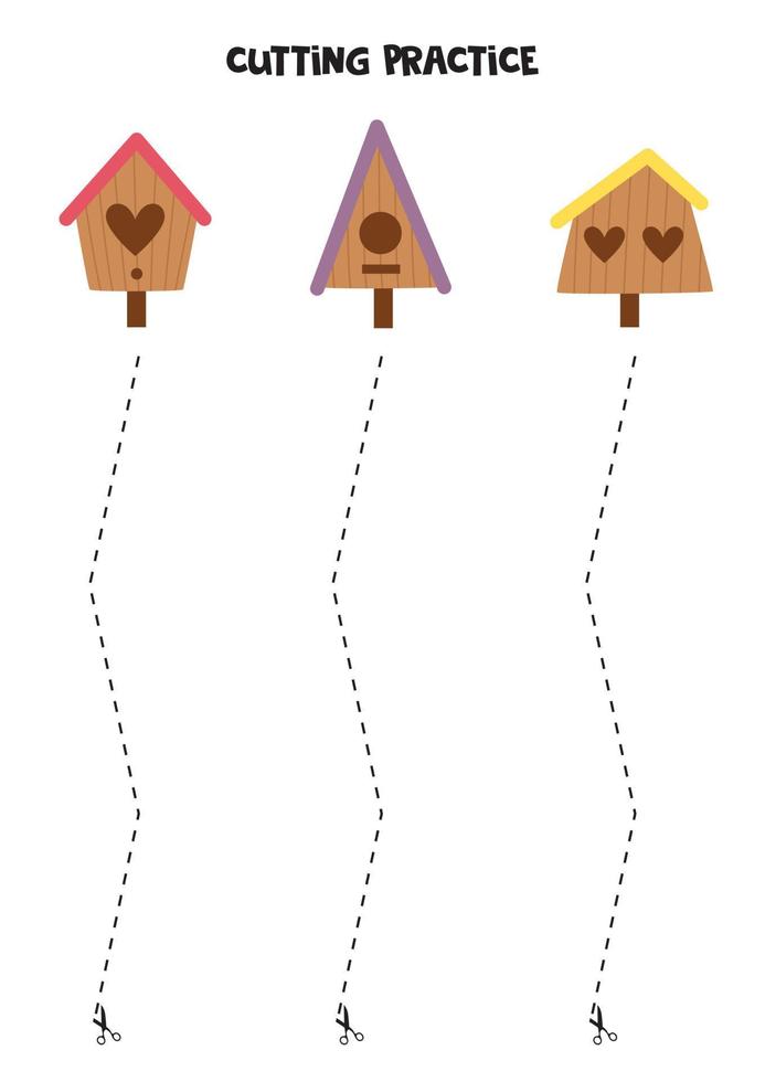 Cutting practice for children with cartoon birdhouses. vector