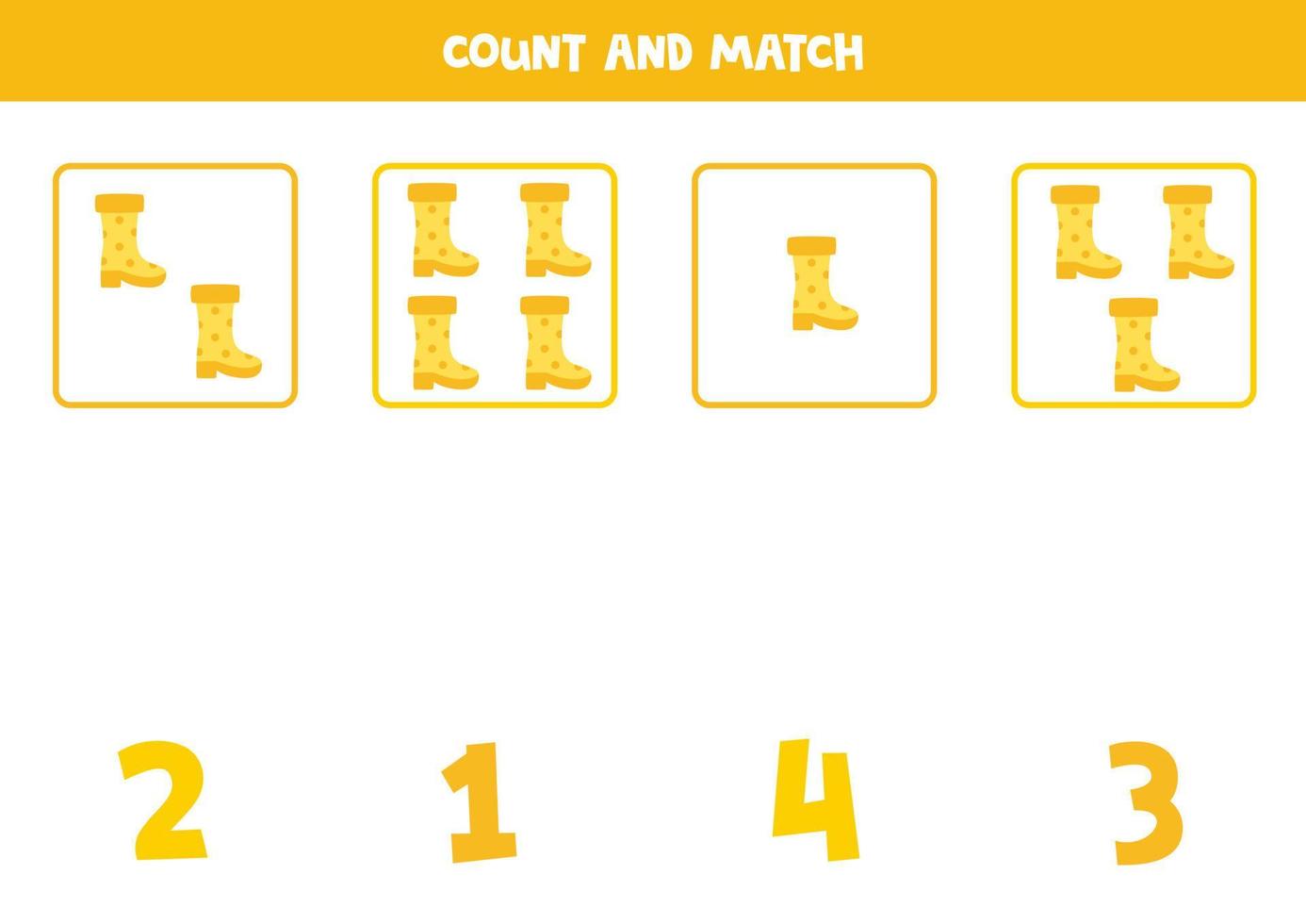 Counting game for kids. Count all boots and match with numbers. Worksheet for children. vector