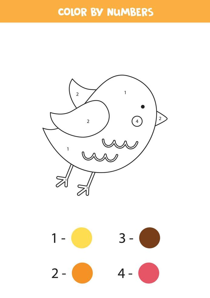 Color cartoon spring bird by numbers. Worksheet for kids. vector