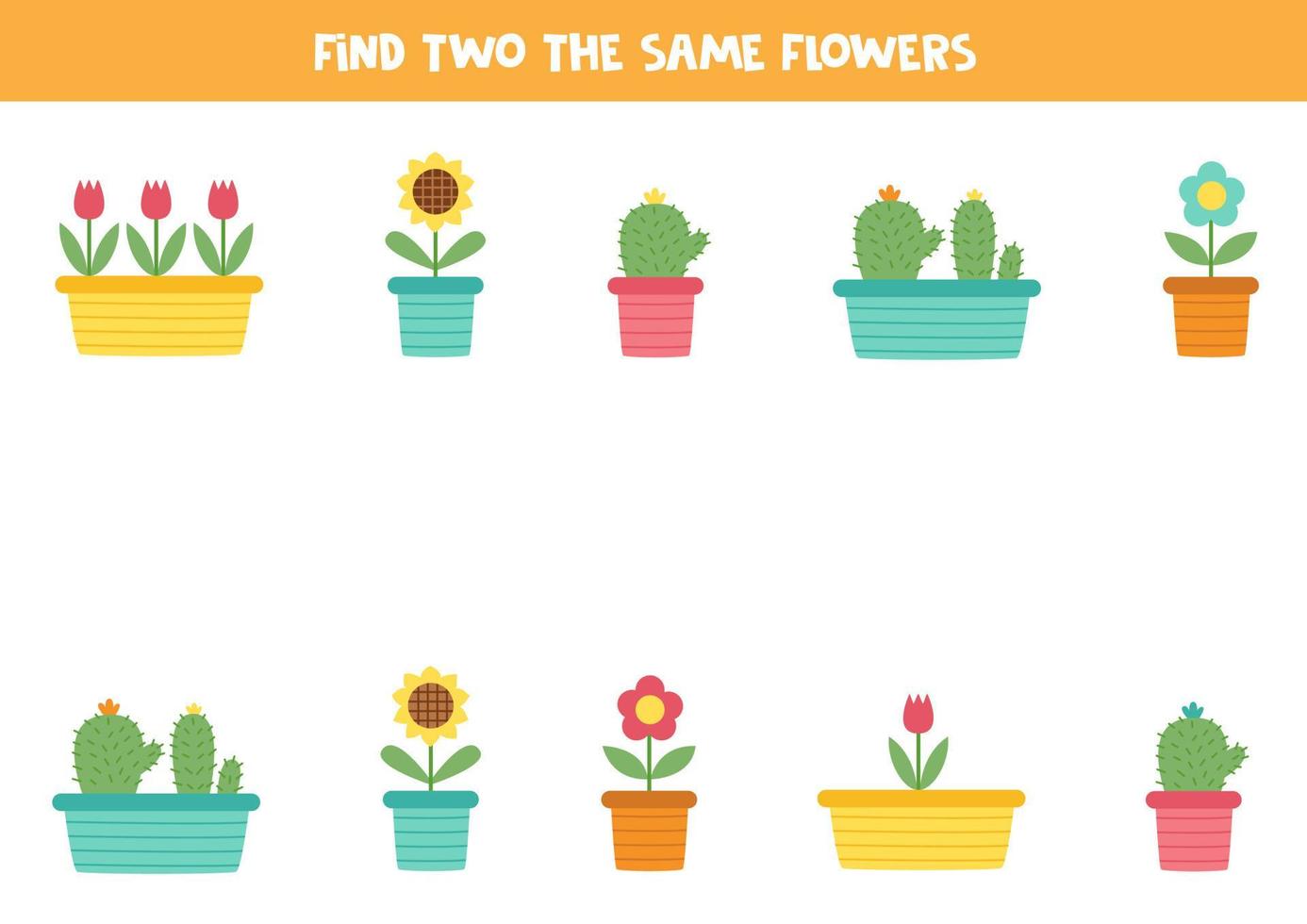 Find two cute identical flowers in pot. Educational game for preschool children. vector