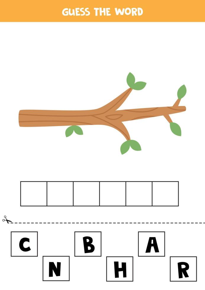 Spelling game for kids. Cartoon tree branch. vector