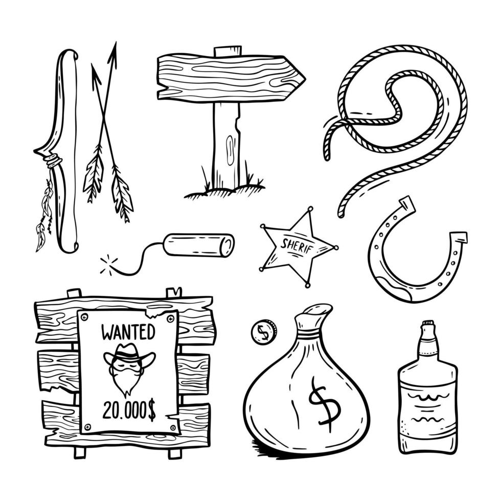 Wild West set Hand-drawn in doodle style Good for printing Symbol of Western Concept Isolated vector illustration