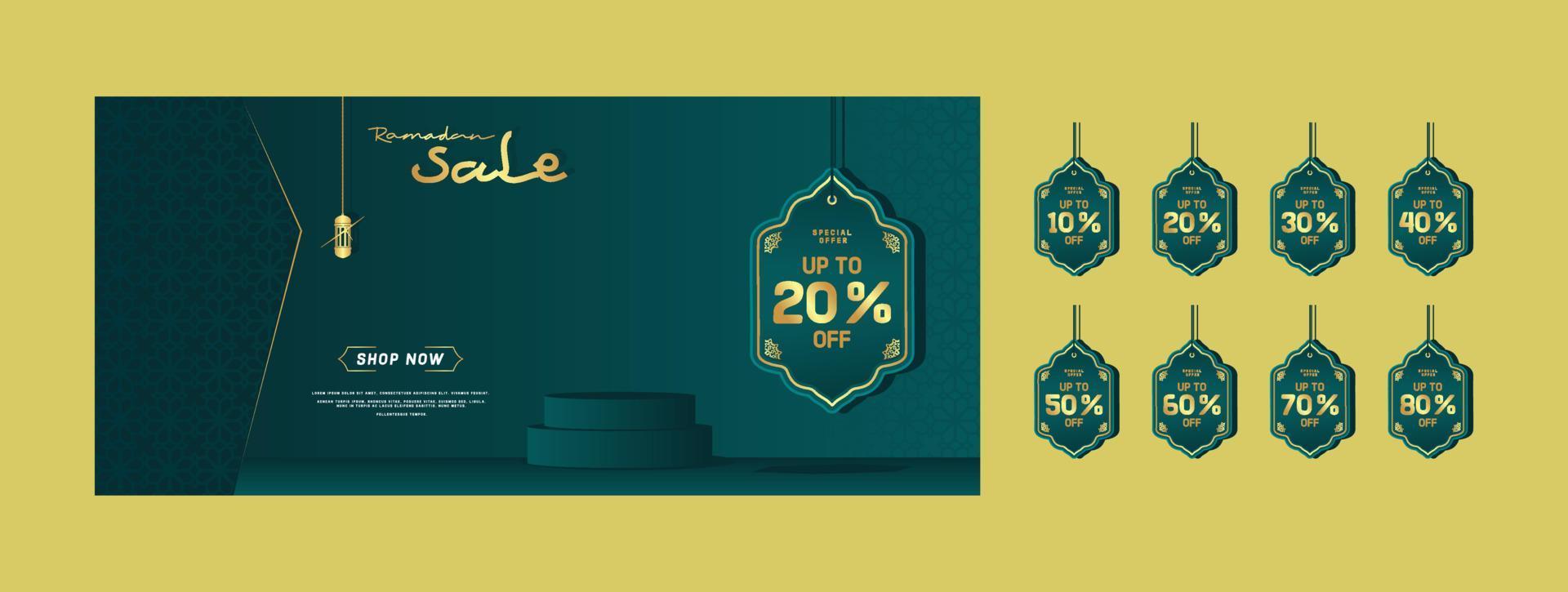 Ramadan sale banner with free space podium and discount tag collection for product sale vector