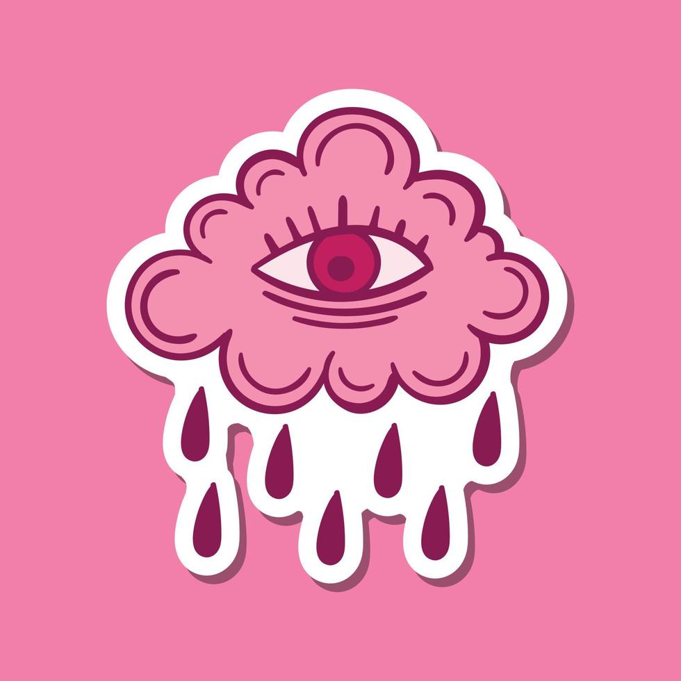 lluvia de nube rosa dibujada a mano con ilustración de garabato de ojo para impresión de pegatinas, etc. vector premium