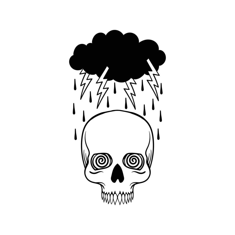 lluvia de nubes dibujada a mano con ilustración de garabato de calavera para póster de pegatinas de tatuajes, etc. vector