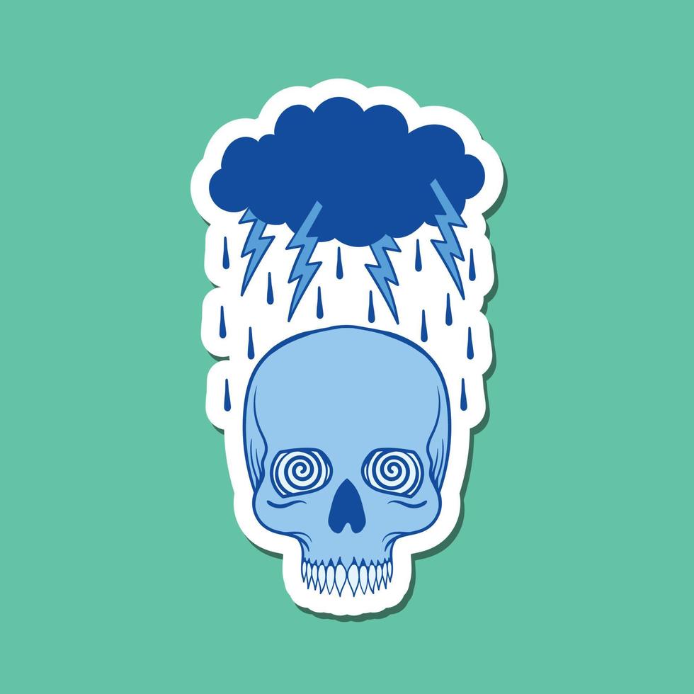 lluvia de nubes dibujada a mano con ilustración de garabato de calavera para póster de pegatinas de tatuajes, etc. vector