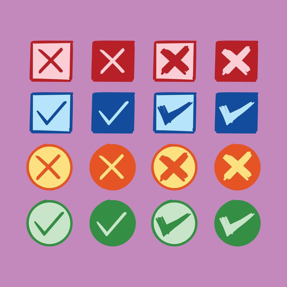 Set of doodle check mark and cross mark symbol Premium Vector