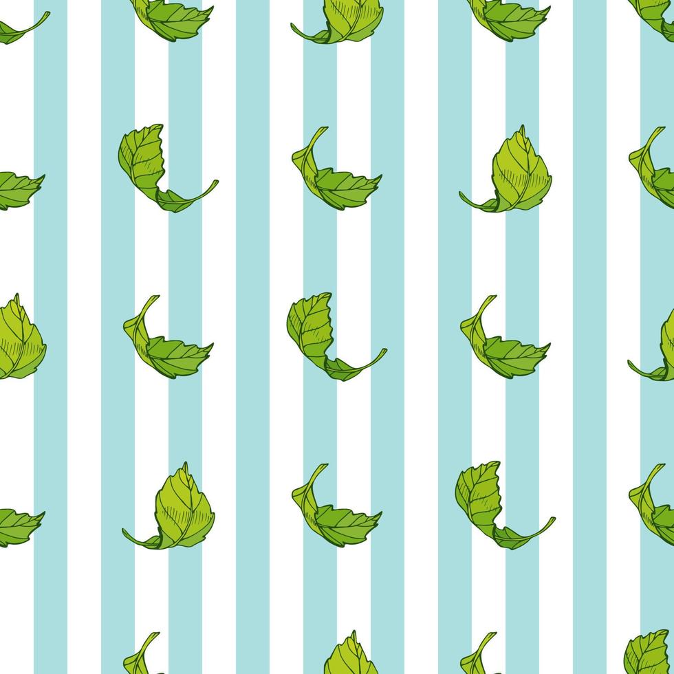 Seamless pattern with green leaves on light blue and white striped background. Endless texture with fresh spring foliage for your design vector