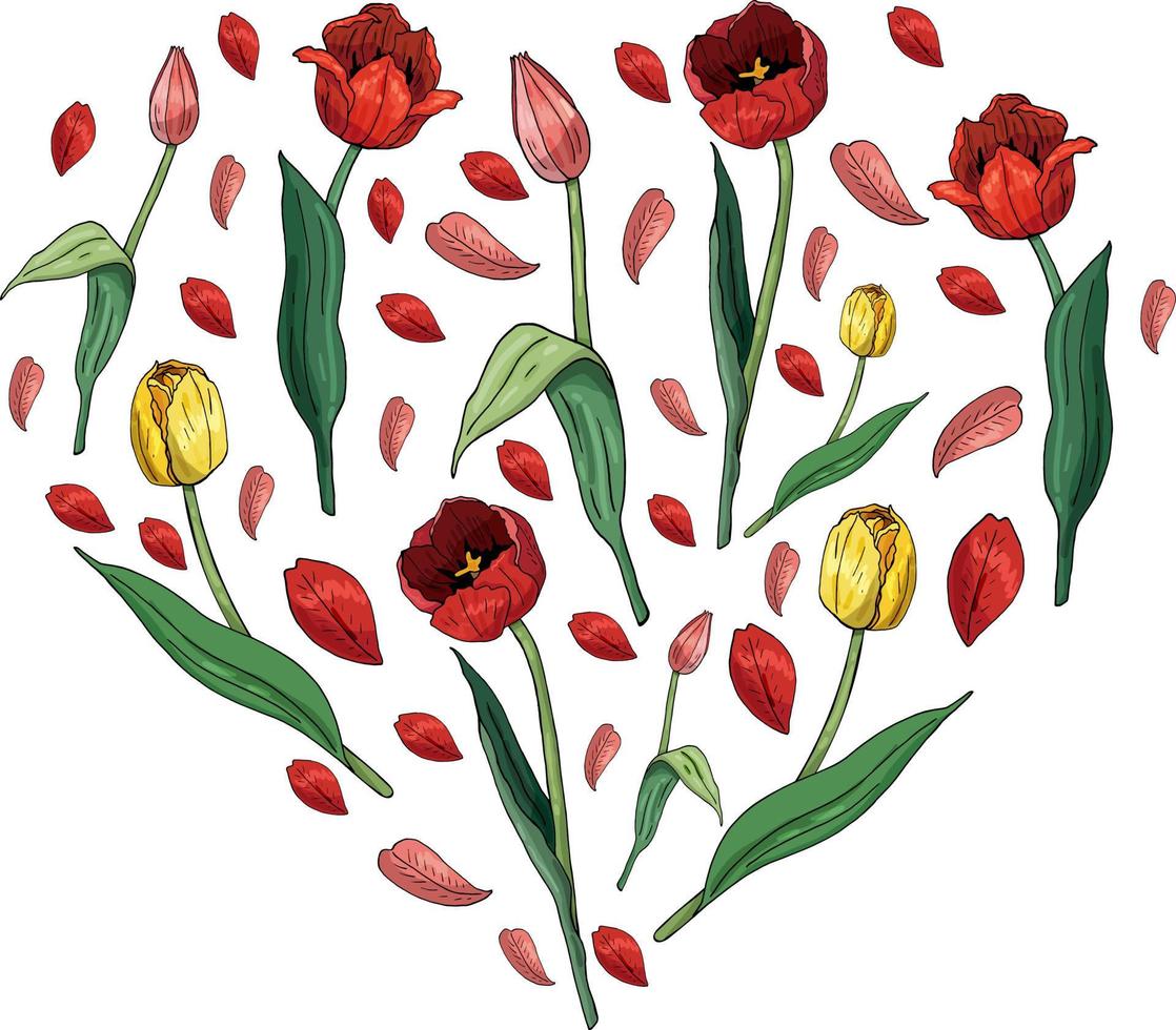 corazón hecho de tulipanes y pétalos de tulipán. plantilla con elementos románticos florales para el diseño de primavera de temporada vector