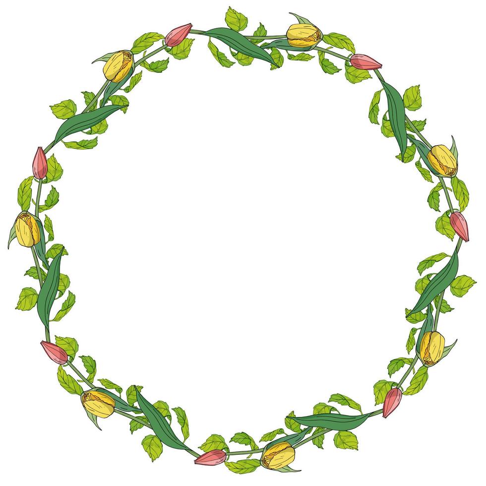 Romantic round frame made of pink and yellow tulips and green leaves. Spring floral wreath on white background for your design vector