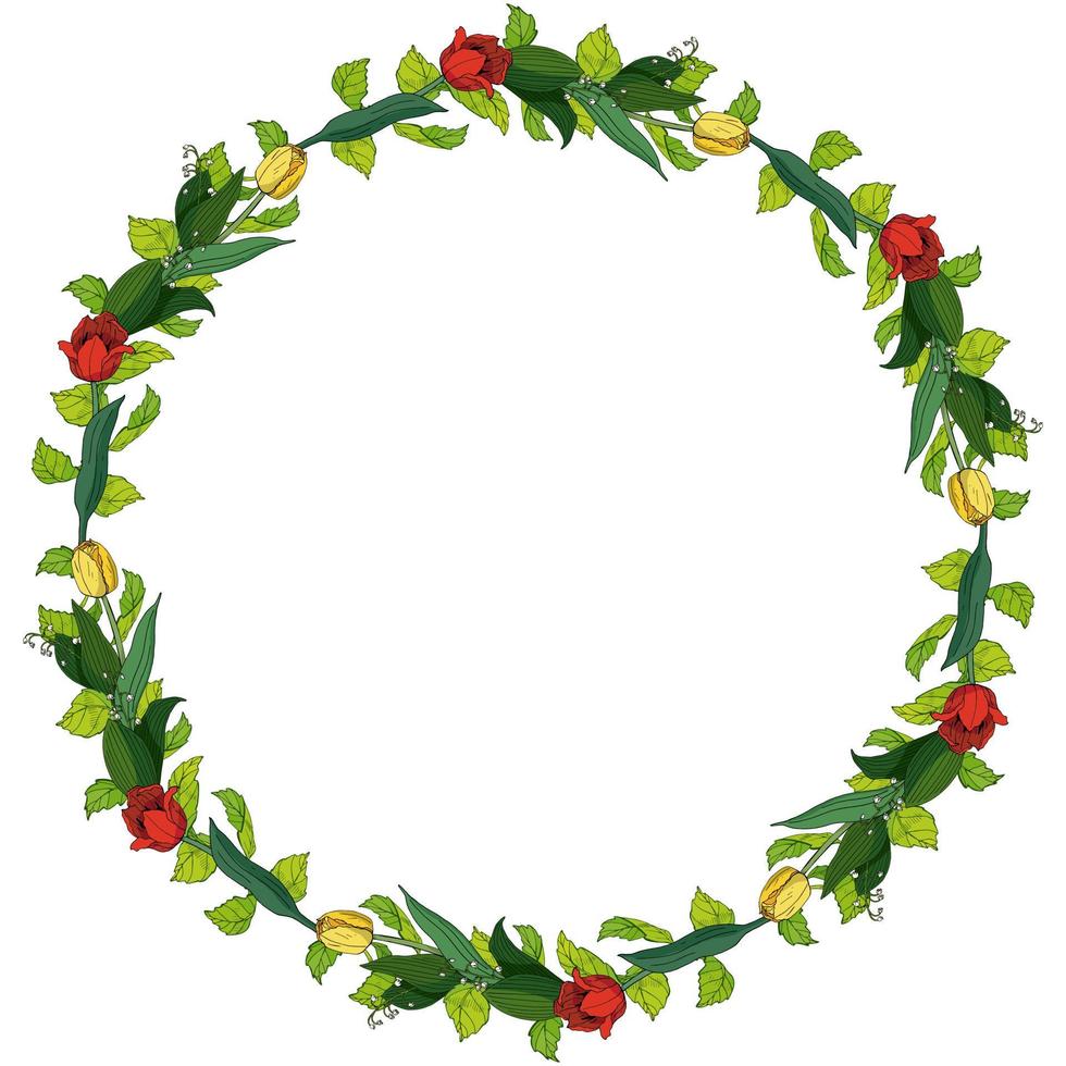 Romantic round frame made of red and yellow tulips, lilies-of-the-valley and green leaves. Spring floral wreath on white background for your design vector