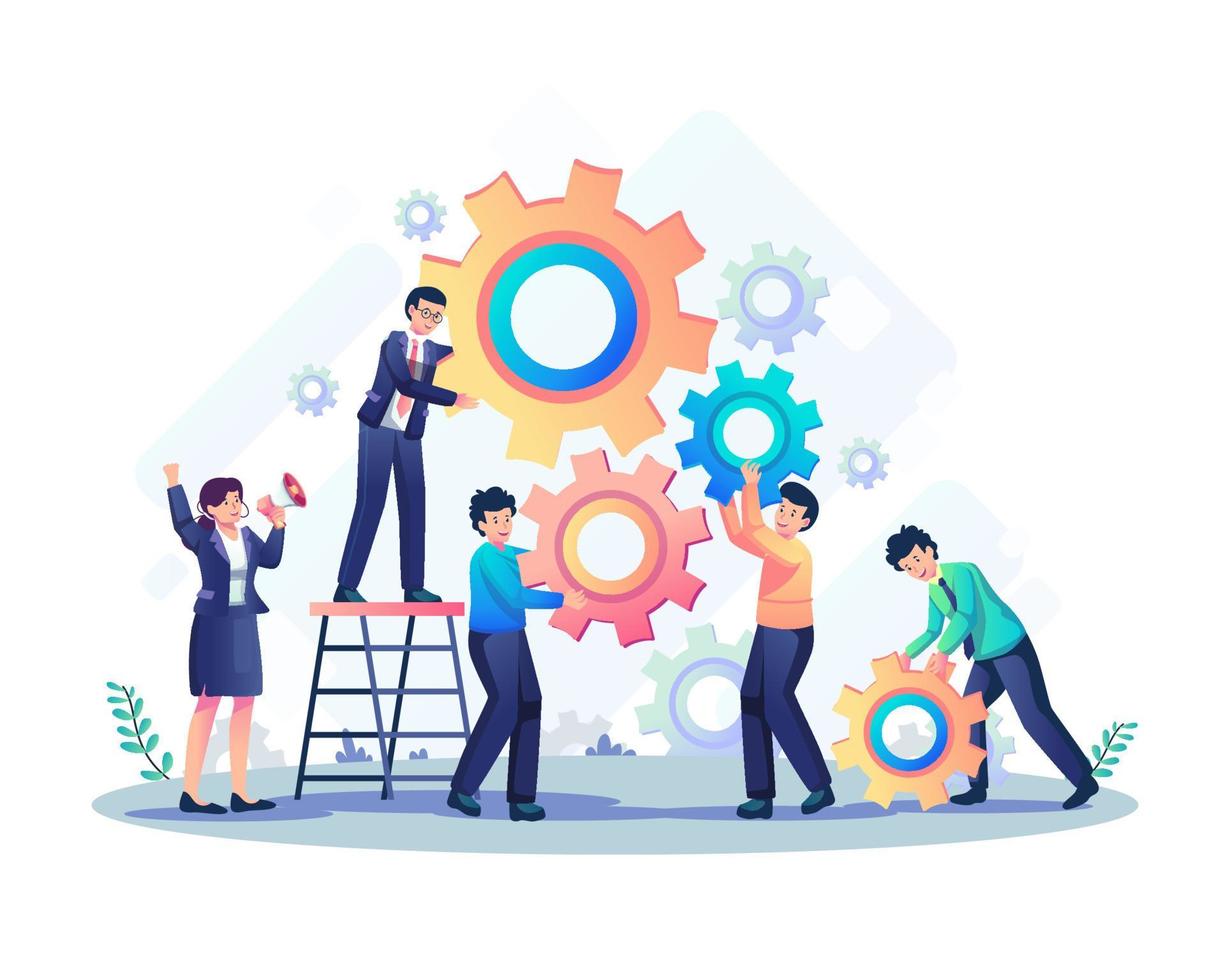 people putting together a series of cogwheels. business mechanism with gears. the business solution, teamwork, and process concept. Flat style vector illustration