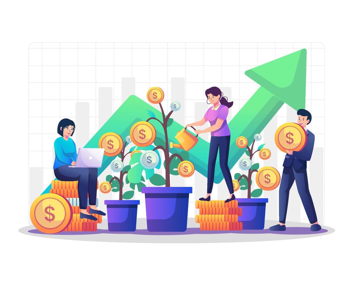 People water money trees, increase financial investment profit. Business graph chart growth, Return on Investment, and Money saving concept. Flat style vector illustration