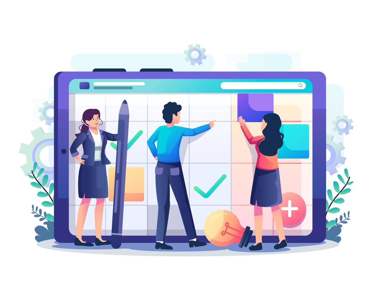 planificación empresarial con personas que completan el cronograma en un dispositivo gigante. horario de planificación del trabajo, rutina diaria y concepto de gestión del tiempo. ilustración vectorial de estilo plano vector