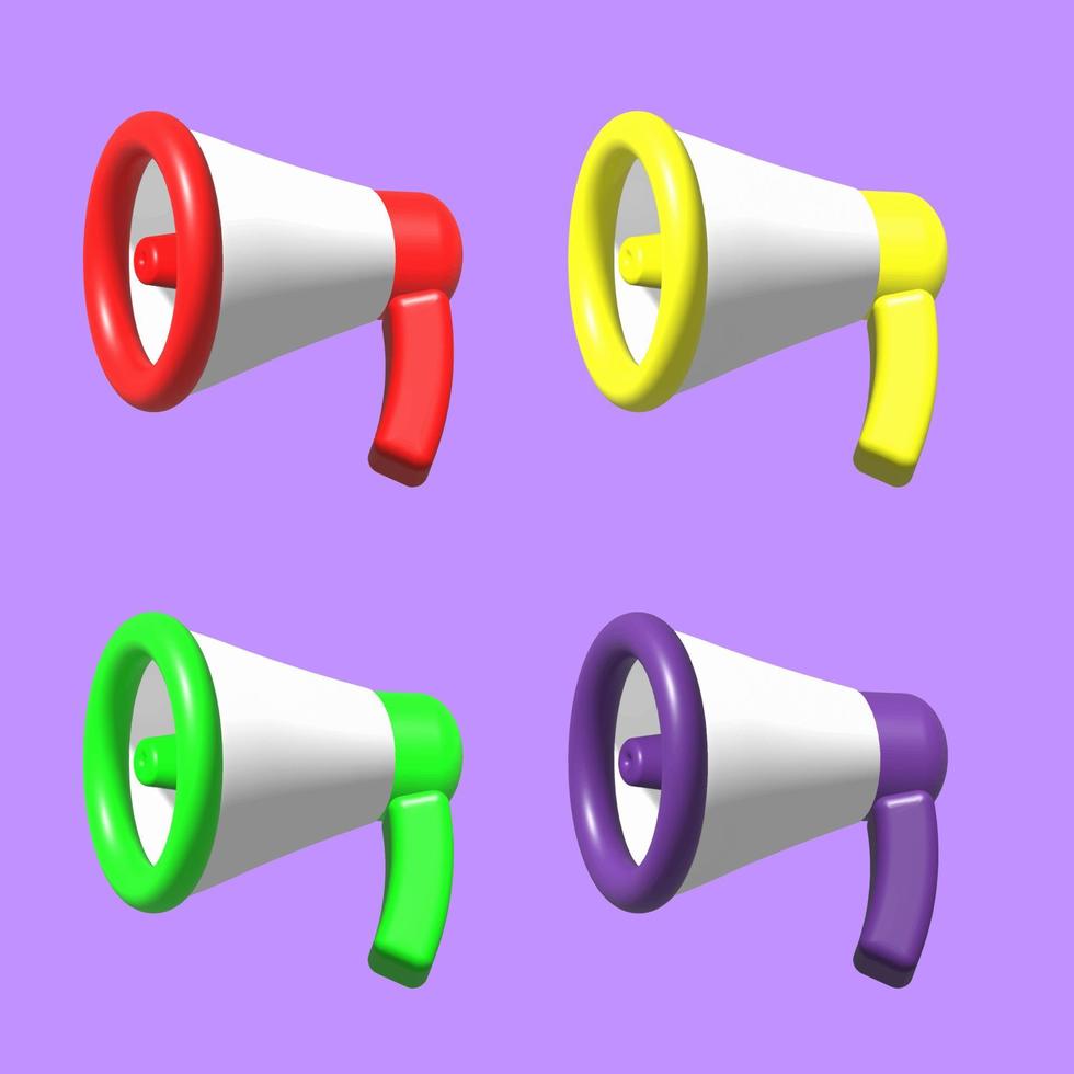 Set of realistic 3d megaphone, bullhorn speaker or loudspeaker, marketing concept, vector illustration.