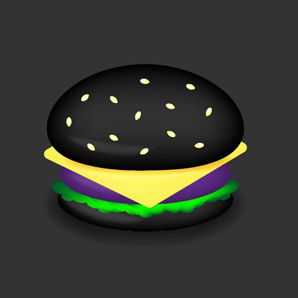 Cartoon style black burger on purple background, fast food concept, 3D rendering, vector illustration