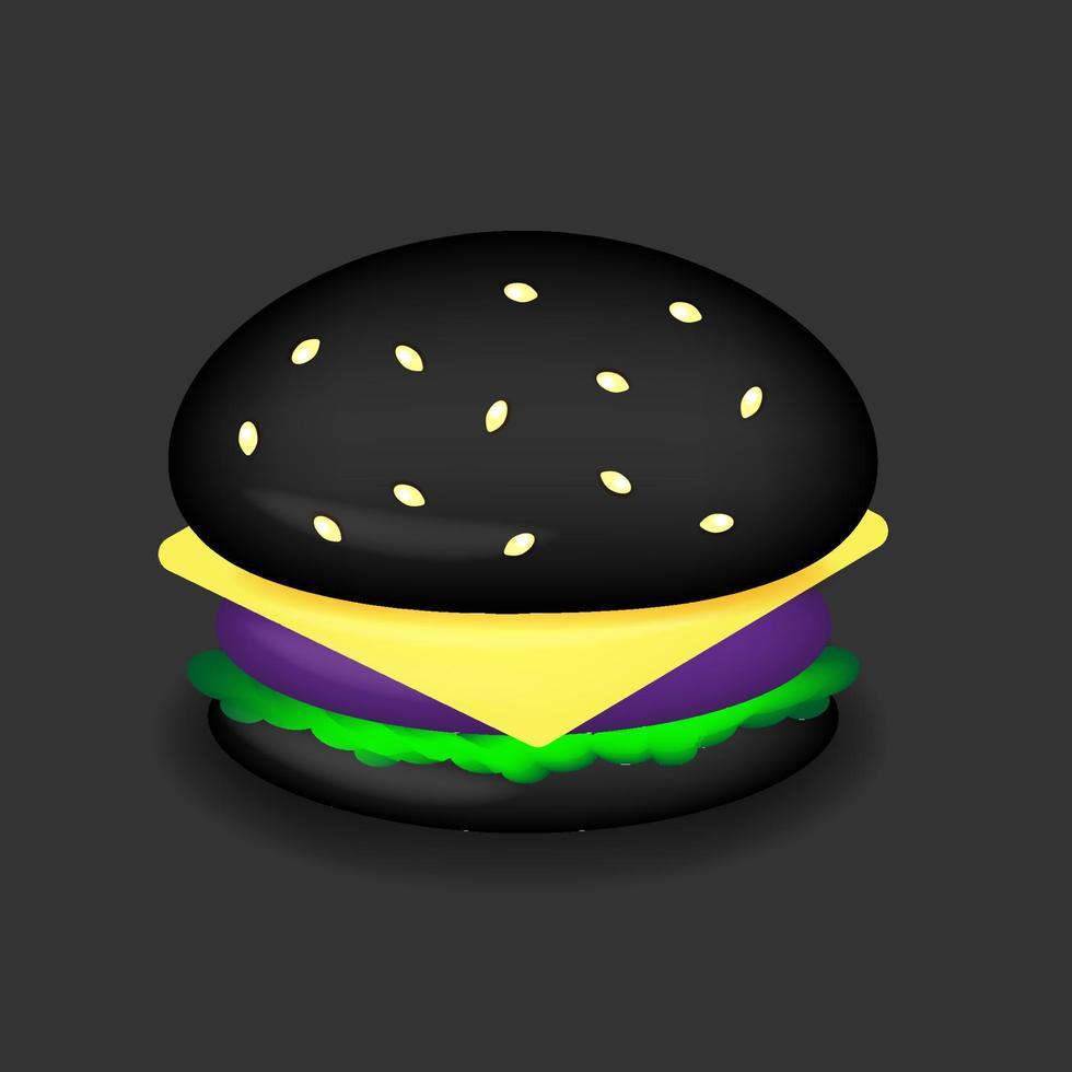 hamburguesa negra estilo caricatura sobre fondo púrpura, concepto de comida rápida, representación 3d, ilustración vectorial vector