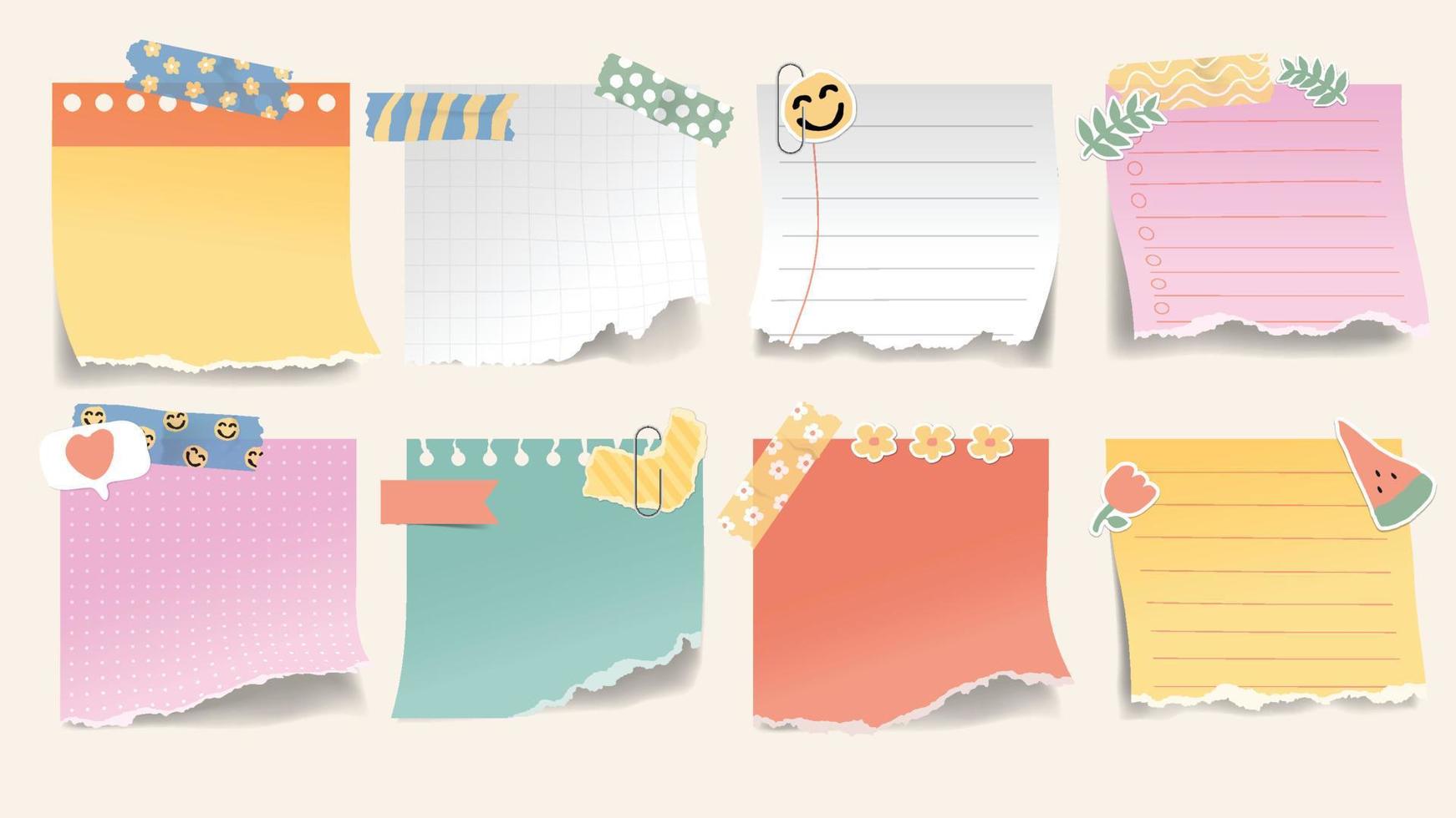 Realistic colorful torn ripped paper sheets collection with washi tape. vector