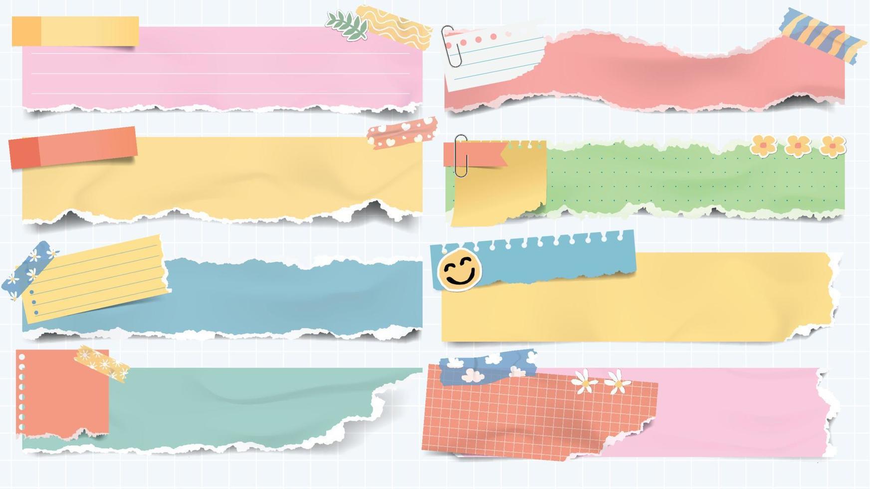 Realistic long colorful torn ripped paper sheets collection with washi tape. vector