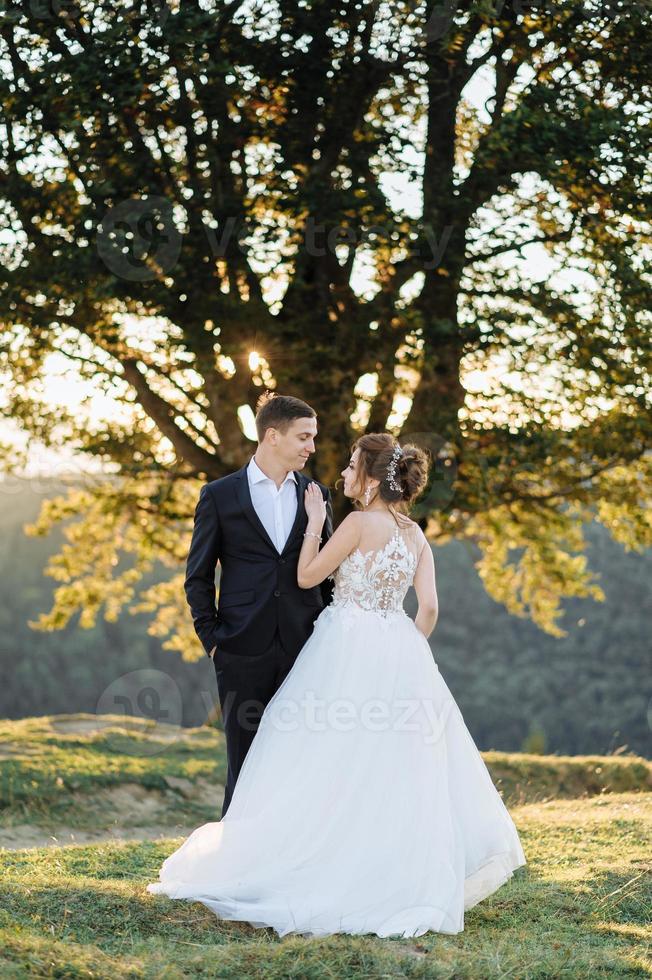 hermosa novia y novio en las montañas foto