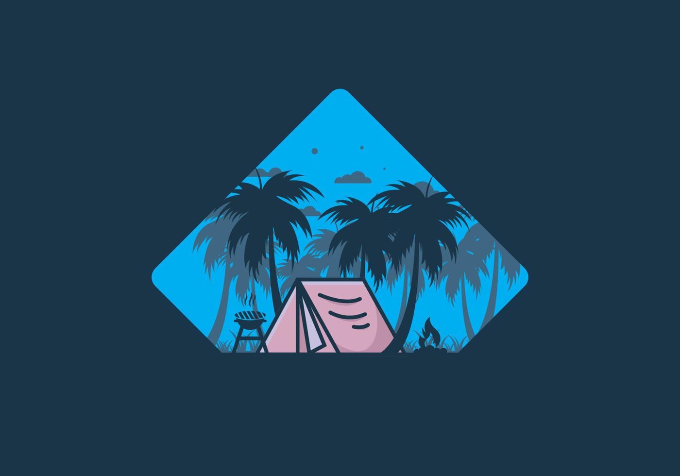 Colorful camping tent and coconut trees illustration vector