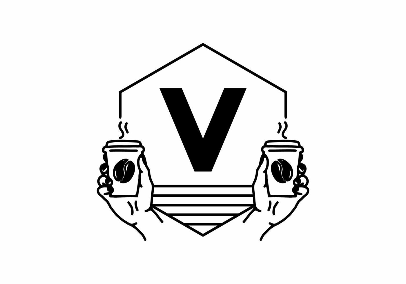 Hand holding a coffee cup line art with V initial letter vector