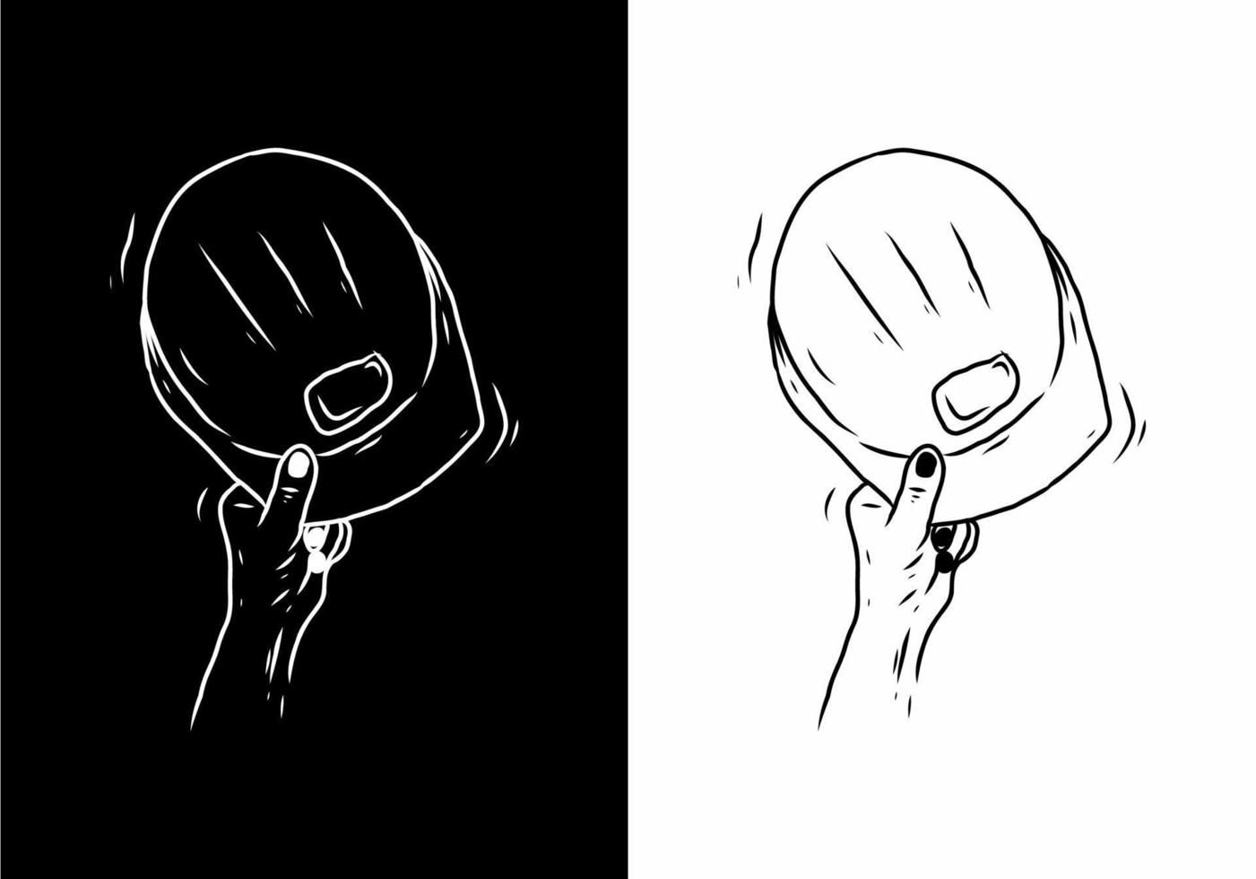 Hand holding hard hats line art drawing vector