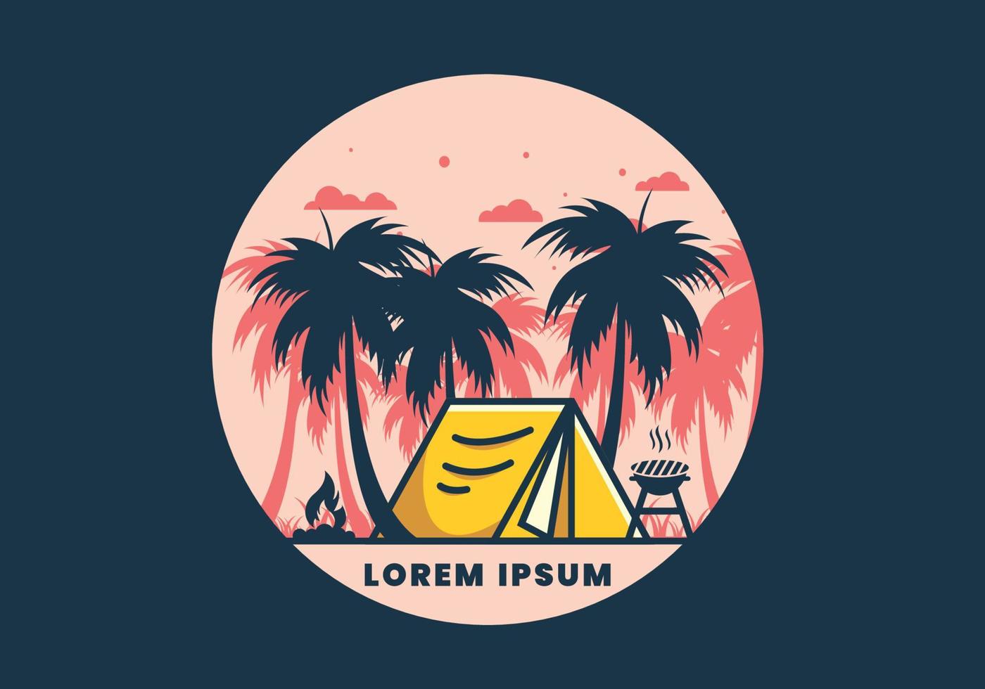 Colorful camping tent and coconut trees illustration vector