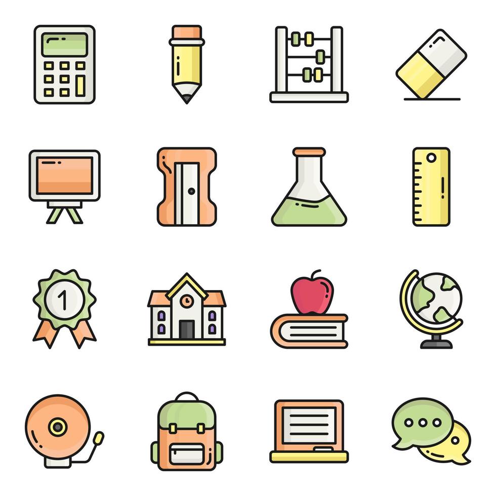 conjunto de iconos de vector de línea de color, en educación de diseño plano, escuela, colección de pictogramas modernos y universidad con elementos para conceptos móviles y aplicaciones web.